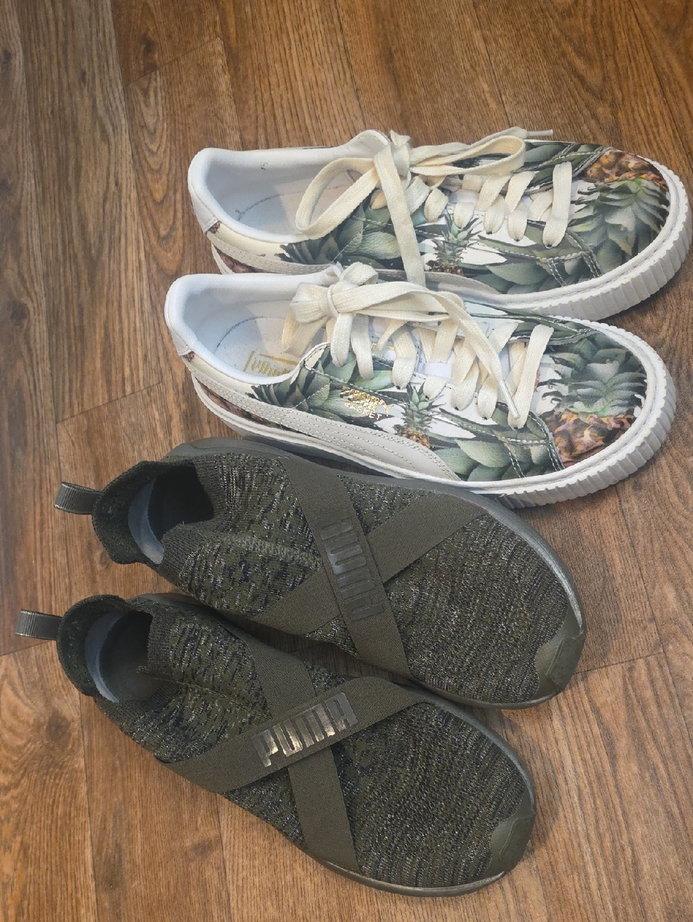 Puma Olive Green Slip-On Knit Sneakers with Cross Straps